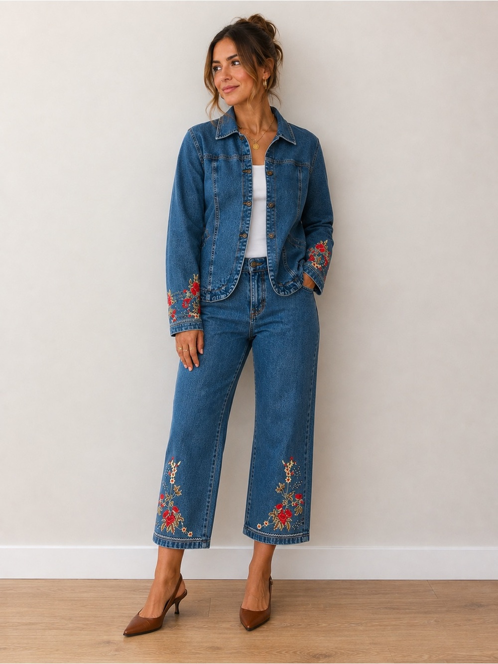 Denim & Co Floral Embroidered Denim Jacket & Pants Set Size Small 2 Pc